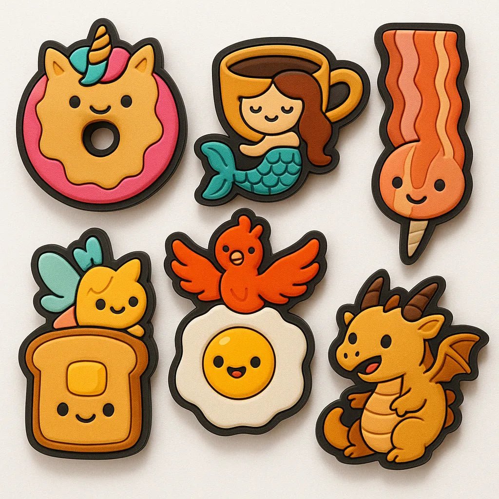 Example output from the Custom Rubber Charm Pack Makers ChatGPT prompt: playful rubber charms with bold cartoon designs, featuring expressive characters, spaced layout, and a clean white background for easy reuse. Mystic Food.
