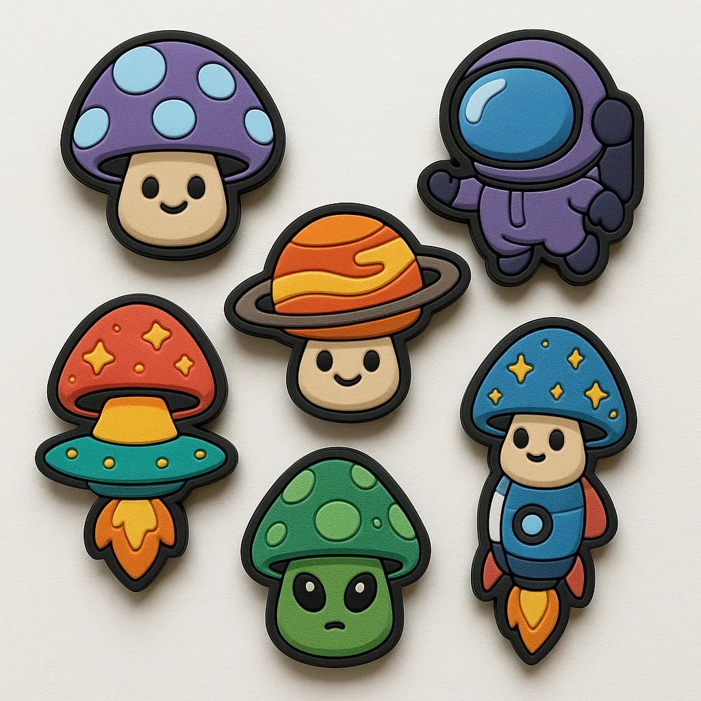 Example output from the Custom Rubber Charm Pack Makers ChatGPT prompt: playful rubber charms with bold cartoon designs, featuring expressive characters, spaced layout, and a clean white background for easy reuse. Mushroom Aliens.