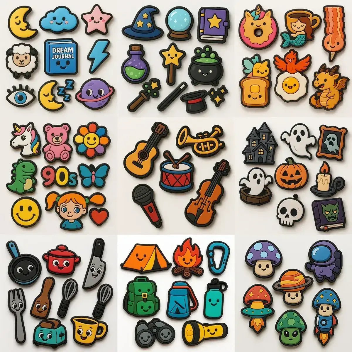Example output from the Custom Rubber Charm Pack Makers ChatGPT prompt: playful rubber charms with bold cartoon designs, featuring expressive characters, spaced layout, and a clean white background for easy reuse.