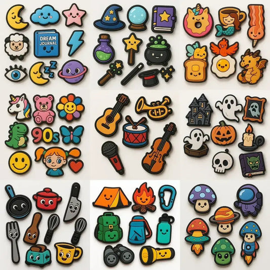 Example output from the Custom Rubber Charm Pack Makers ChatGPT prompt: playful rubber charms with bold cartoon designs, featuring expressive characters, spaced layout, and a clean white background for easy reuse.