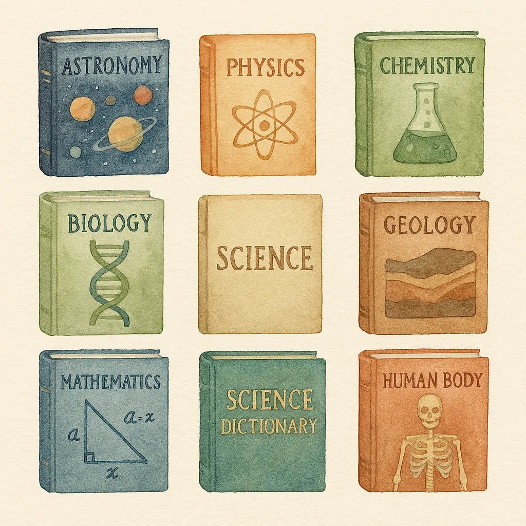 Example output from the Custom Watercolor Illustration Sheets ChatGPT prompt: hand-painted elements. Books.