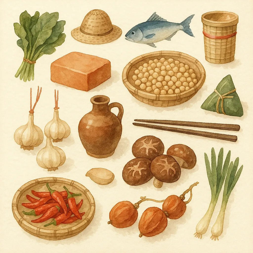 Example output from the Custom Watercolor Illustration Sheets ChatGPT prompt: hand-painted elements. Food.