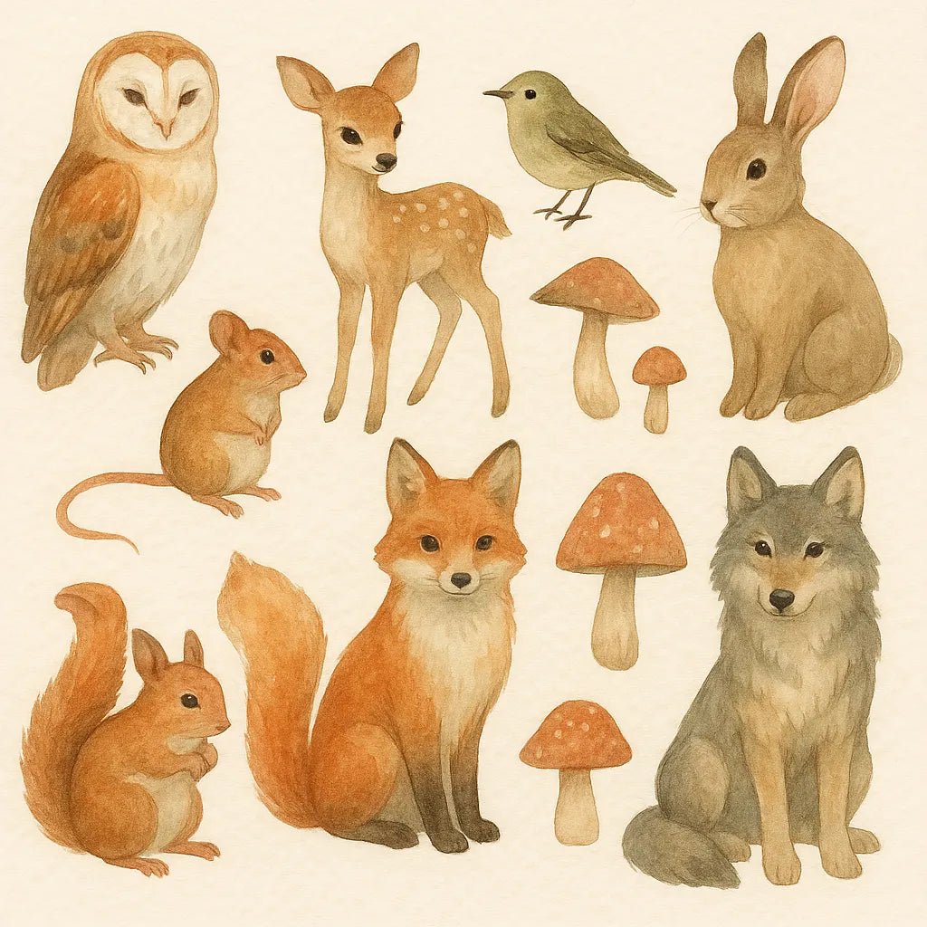 Example output from the Custom Watercolor Illustration Sheets ChatGPT prompt: hand-painted elements. Forest Creatures.