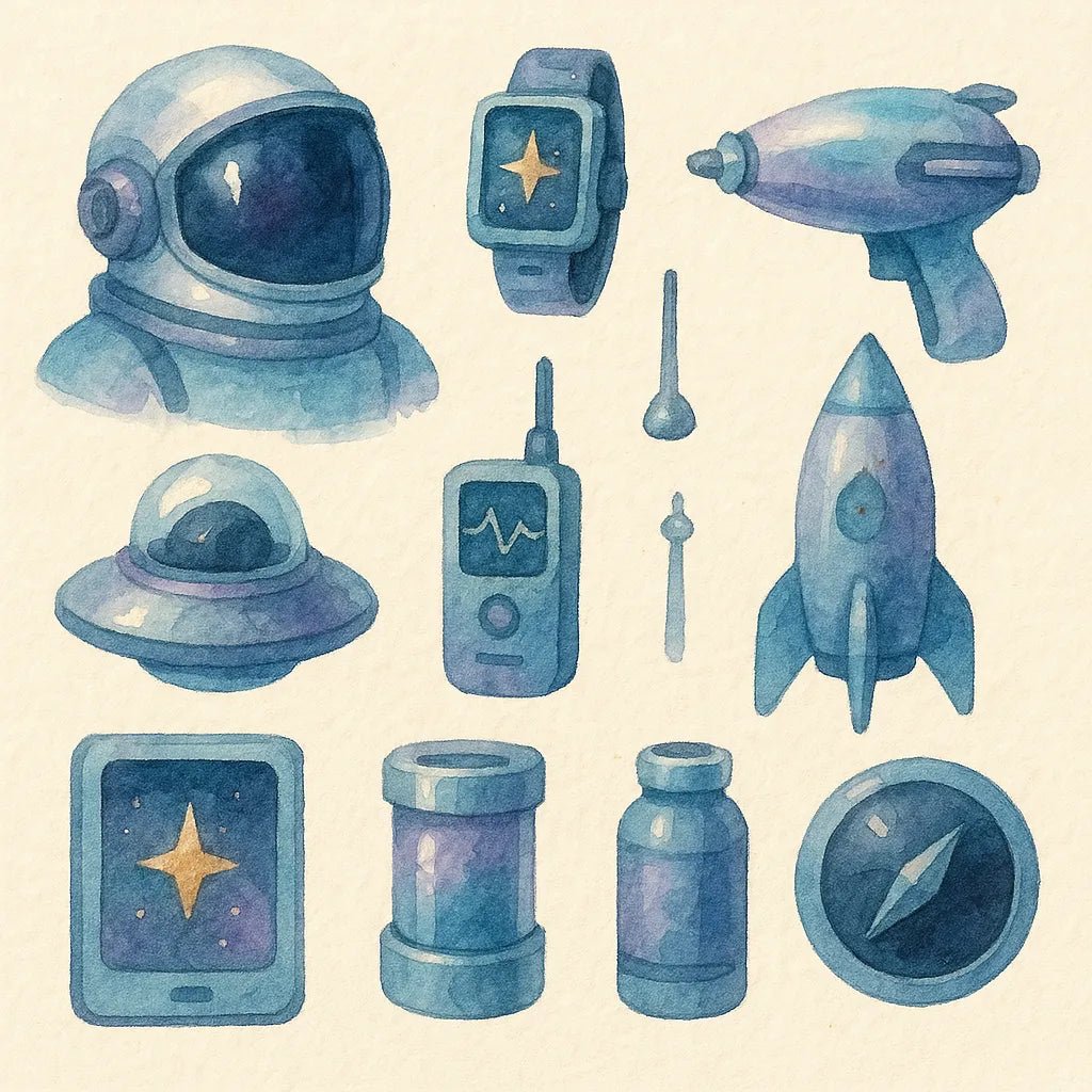 Example output from the Custom Watercolor Illustration Sheets ChatGPT prompt: hand-painted elements. Space.