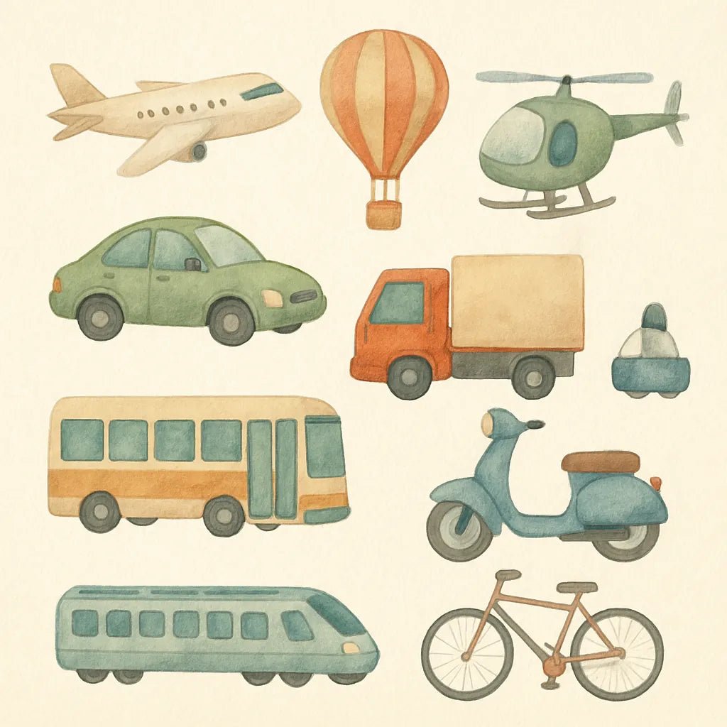 Example output from the Custom Watercolor Illustration Sheets ChatGPT prompt: hand-painted elements. Transport.