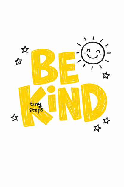 Example output from the Cute Doodle Typography Design ChatGPT prompt: a childlike doodle t-shirt design reading 'Be Kind' in yellow crayon-style hand-lettering with a smiling sun on a white background.
