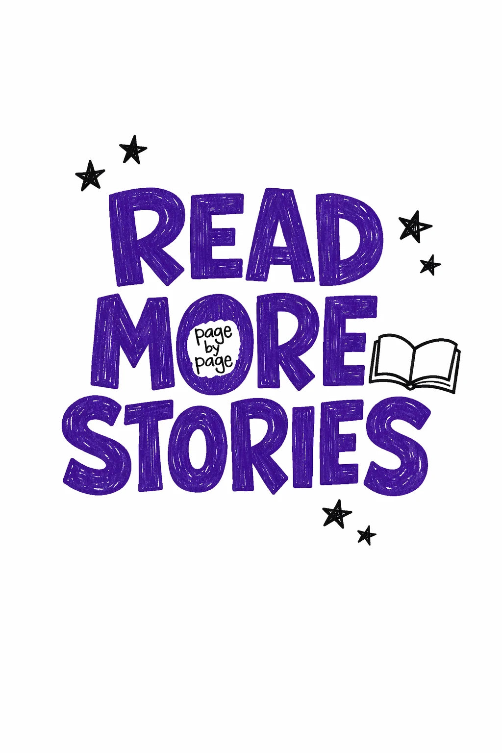 Example output from the Cute Doodle Typography Design ChatGPT prompt: a childlike doodle t-shirt design reading 'Read More Stories' in purple crayon-style hand-lettering with an open-book doodle on a white background.