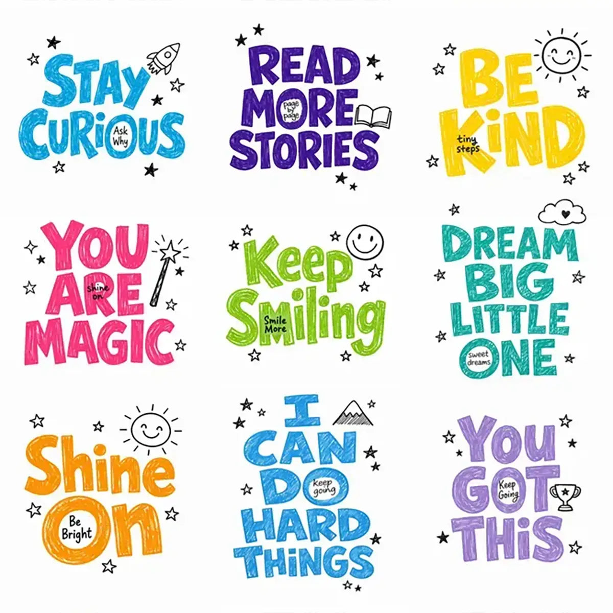 Example output from the Cute Doodle Typography Design ChatGPT prompt: a grid of nine childlike doodle quote designs in colorful crayon-style hand-lettering with tiny star, sun, rocket and wand doodles on clean white backgrounds — 'Stay Curious', 'Read More Stories', 'Be Kind', 'You Are Magic', 'Keep Smiling', 'Dream Big Little One', 'Shine On', 'I Can Do Hard Things' and 'You Got This'.