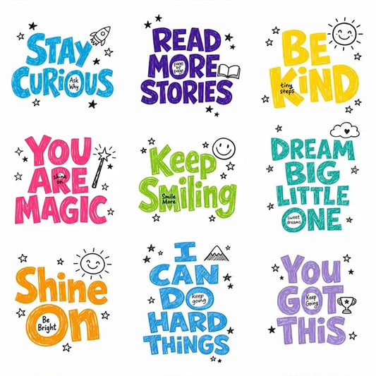 Example output from the Cute Doodle Typography Design ChatGPT prompt: a grid of nine childlike doodle quote designs in colorful crayon-style hand-lettering with tiny star, sun, rocket and wand doodles on clean white backgrounds — 'Stay Curious', 'Read More Stories', 'Be Kind', 'You Are Magic', 'Keep Smiling', 'Dream Big Little One', 'Shine On', 'I Can Do Hard Things' and 'You Got This'.
