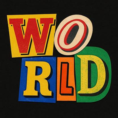 Example output from the Cutout Collage Typography Poster ChatGPT prompt: World