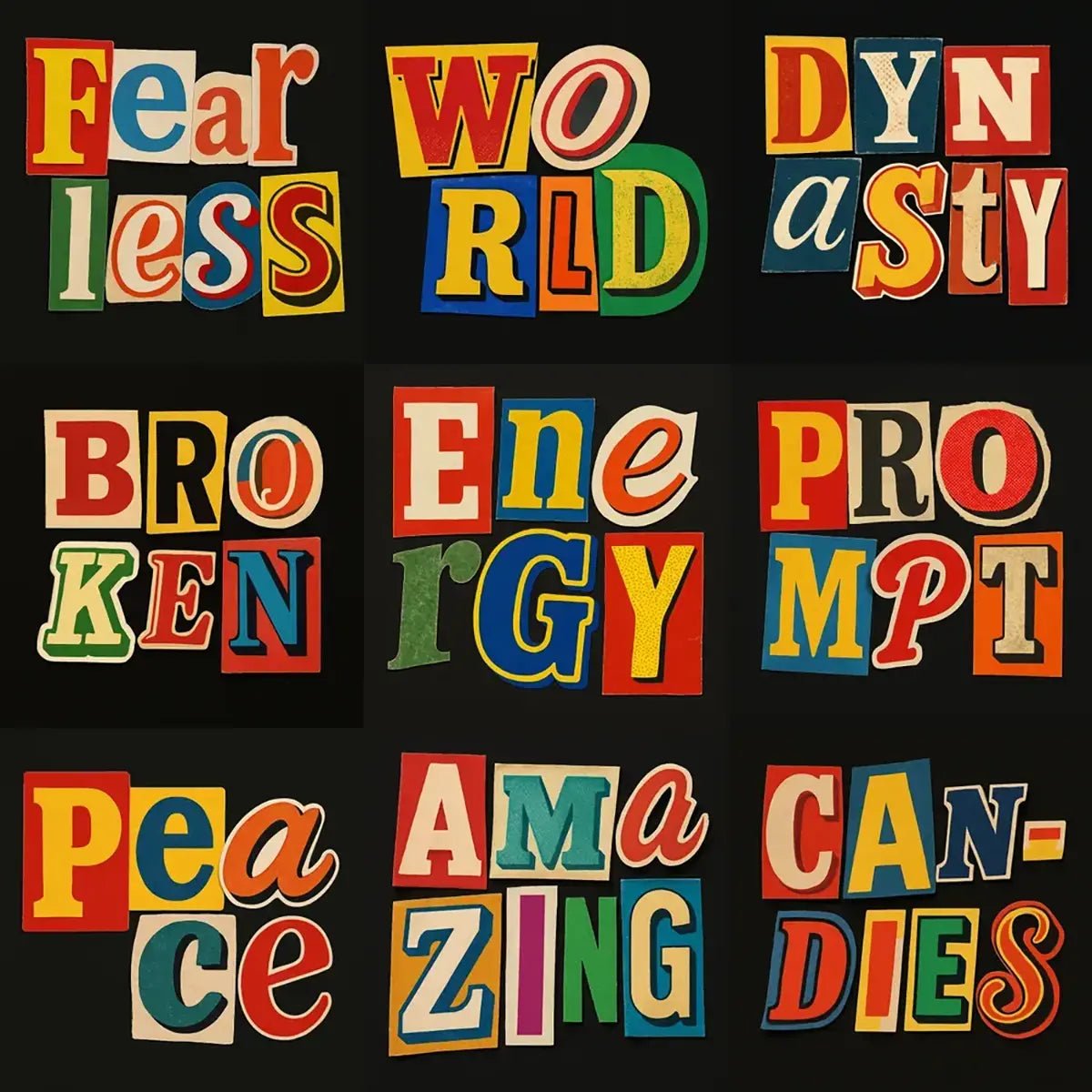Example output from the Cutout Collage Typography Poster ChatGPT prompt: colorful, ransom-note-style posters made from cutout letters sourced from comics, flyers, and magazines, assembled on a black background with analog textures.