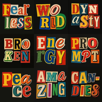 Example output from the Cutout Collage Typography Poster ChatGPT prompt: colorful, ransom-note-style posters made from cutout letters sourced from comics, flyers, and magazines, assembled on a black background with analog textures.
