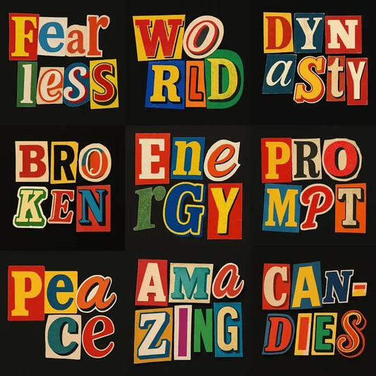 Example output from the Cutout Collage Typography Poster ChatGPT prompt: colorful, ransom-note-style posters made from cutout letters sourced from comics, flyers, and magazines, assembled on a black background with analog textures.
