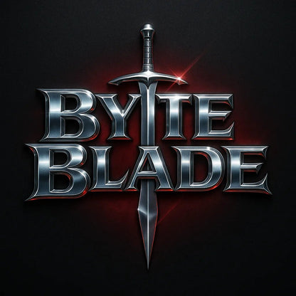 Example output from the Cyber Y2K Logo with Iconic Mashups ChatGPT prompt: metallic logo mashups featuring animal and object icons combined with glowing chrome text, vibrant color palettes, and stylized flares for brand-ready visuals. Byte Blade.