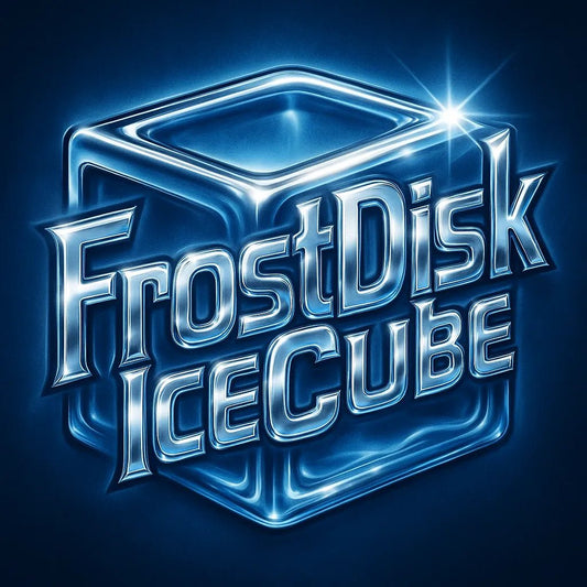 Example output from the Cyber Y2K Logo with Iconic Mashups ChatGPT prompt: metallic logo mashups featuring animal and object icons combined with glowing chrome text, vibrant color palettes, and stylized flares for brand-ready visuals. FrostDisk Icecube.