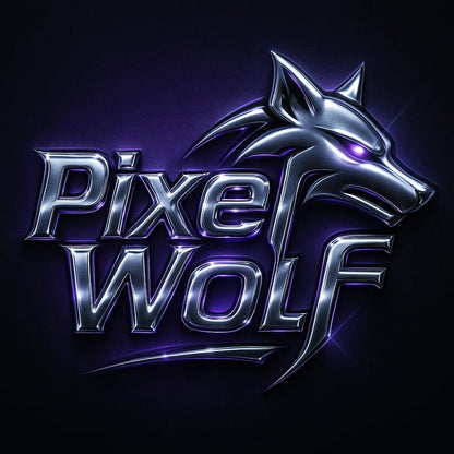 Example output from the Cyber Y2K Logo with Iconic Mashups ChatGPT prompt: metallic logo mashups featuring animal and object icons combined with glowing chrome text, vibrant color palettes, and stylized flares for brand-ready visuals. PixelWolf.