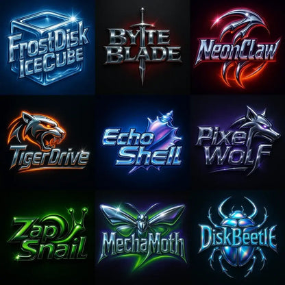 Example output from the Cyber Y2K Logo with Iconic Mashups ChatGPT prompt: metallic logo mashups featuring animal and object icons combined with glowing chrome text, vibrant color palettes, and stylized flares for brand-ready visuals.