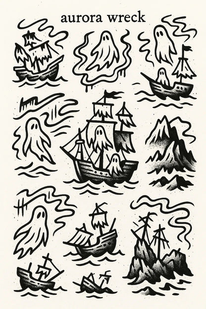 Example output from the DIY Ignorant Style Tattoo Sheet ChatGPT prompt: hand-drawn black ink motifs arranged on white flash sheets, featuring Aurora Wreck.