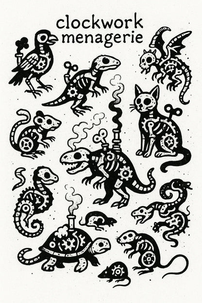 Example output from the DIY Ignorant Style Tattoo Sheet ChatGPT prompt: hand-drawn black ink motifs arranged on white flash sheets, featuring Clockwork Menagerie.