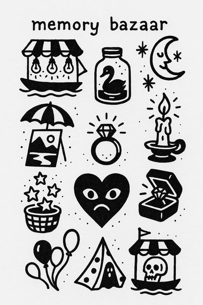 Example output from the DIY Ignorant Style Tattoo Sheet ChatGPT prompt: hand-drawn black ink motifs arranged on white flash sheets, featuring Memory Bazaar.