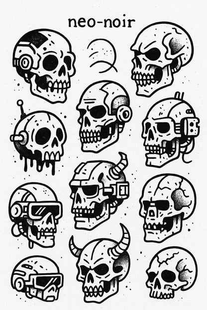 Example output from the DIY Ignorant Style Tattoo Sheet ChatGPT prompt: hand-drawn black ink motifs arranged on white flash sheets, featuring Neo-Noir.