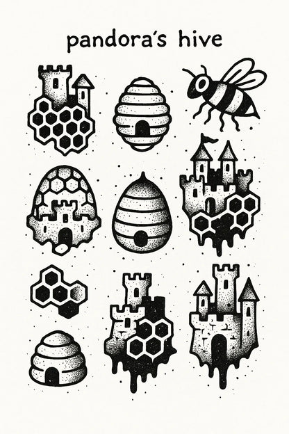 Example output from the DIY Ignorant Style Tattoo Sheet ChatGPT prompt: hand-drawn black ink motifs arranged on white flash sheets, featuring Pandora's Hive.