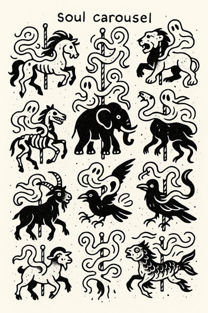 Example output from the DIY Ignorant Style Tattoo Sheet ChatGPT prompt: hand-drawn black ink motifs arranged on white flash sheets, featuring Soul Carousel.