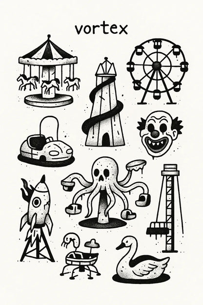 Example output from the DIY Ignorant Style Tattoo Sheet ChatGPT prompt: hand-drawn black ink motifs arranged on white flash sheets, featuring Vortex.