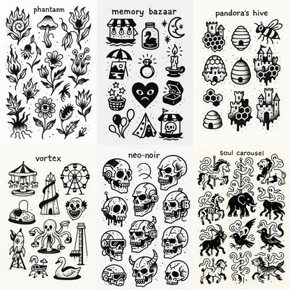Example output from the DIY Ignorant Style Tattoo Sheet ChatGPT prompt: hand-drawn black ink motifs arranged on white flash sheets, featuring skulls, flowers, circus rides, fantasy creatures, and playful handwritten titles in a raw punk-zine layout.