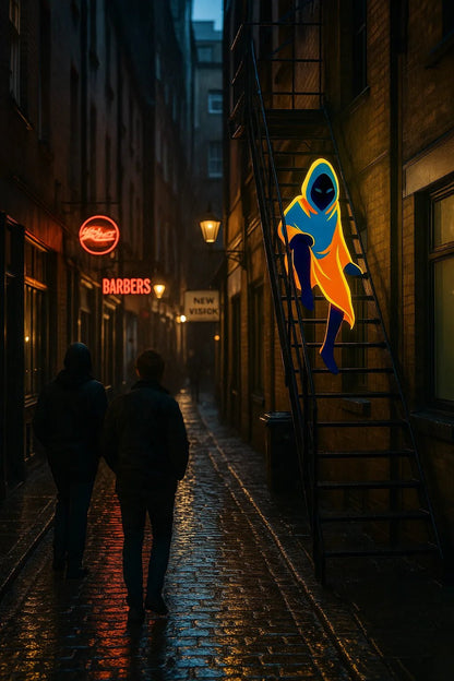 Example output of hybrid DSLR-style photo featuring seamlessly embedded 2D vector character. Ghost.