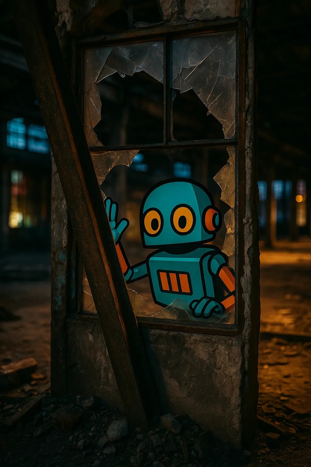 Example output of hybrid DSLR-style photo featuring seamlessly embedded 2D vector character. Robot.
