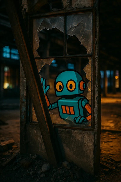 Example output of hybrid DSLR-style photo featuring seamlessly embedded 2D vector character. Robot.