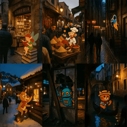 Example output of hybrid DSLR-style photos featuring seamlessly embedded 2D vector characters in urban and winter scenes, with matched shadows, lighting, and depth—generated by a ChatGPT prompt template.