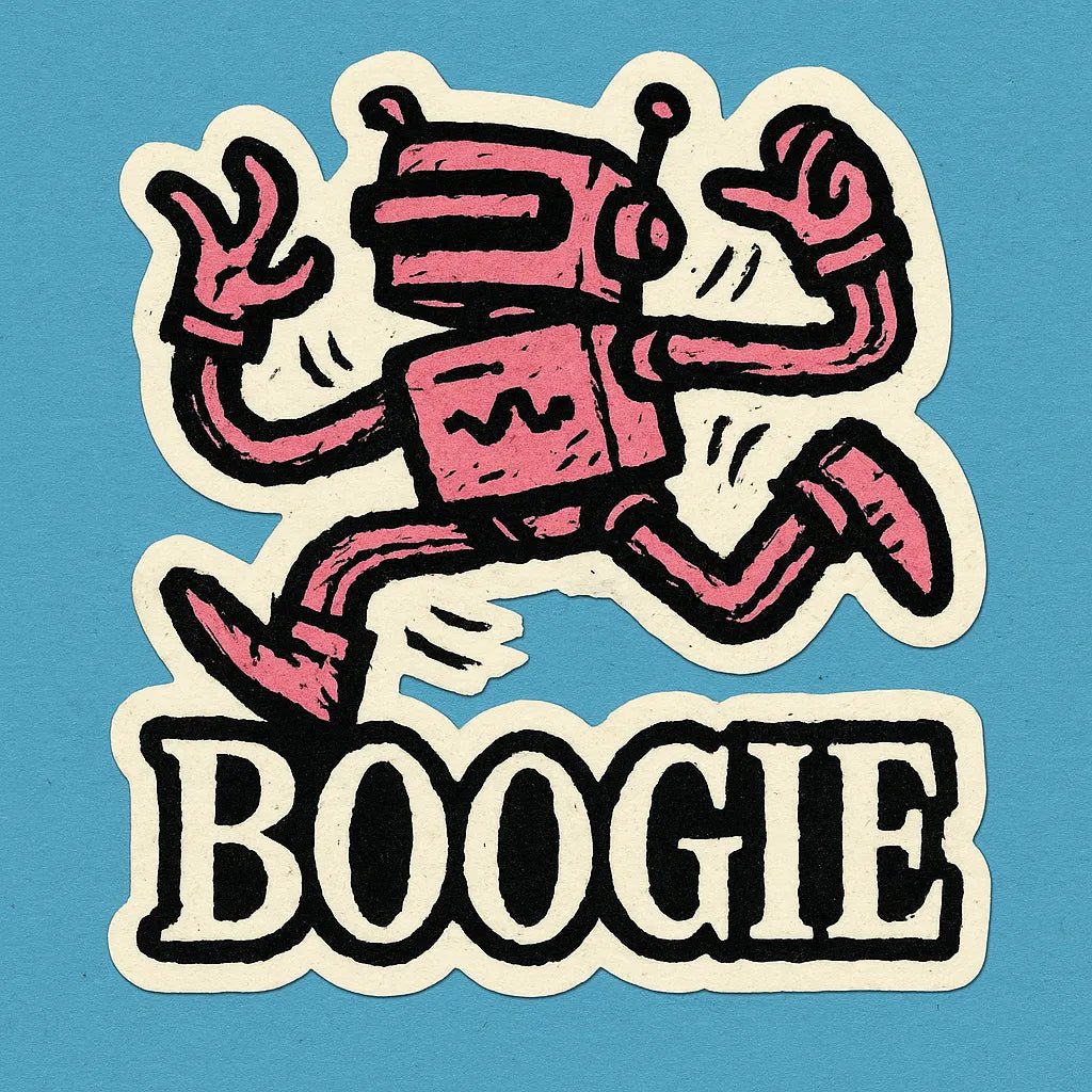 Vibrant die-cut doodle sticker on bold, flat-color squares, showing a hand-sketched character: robot.