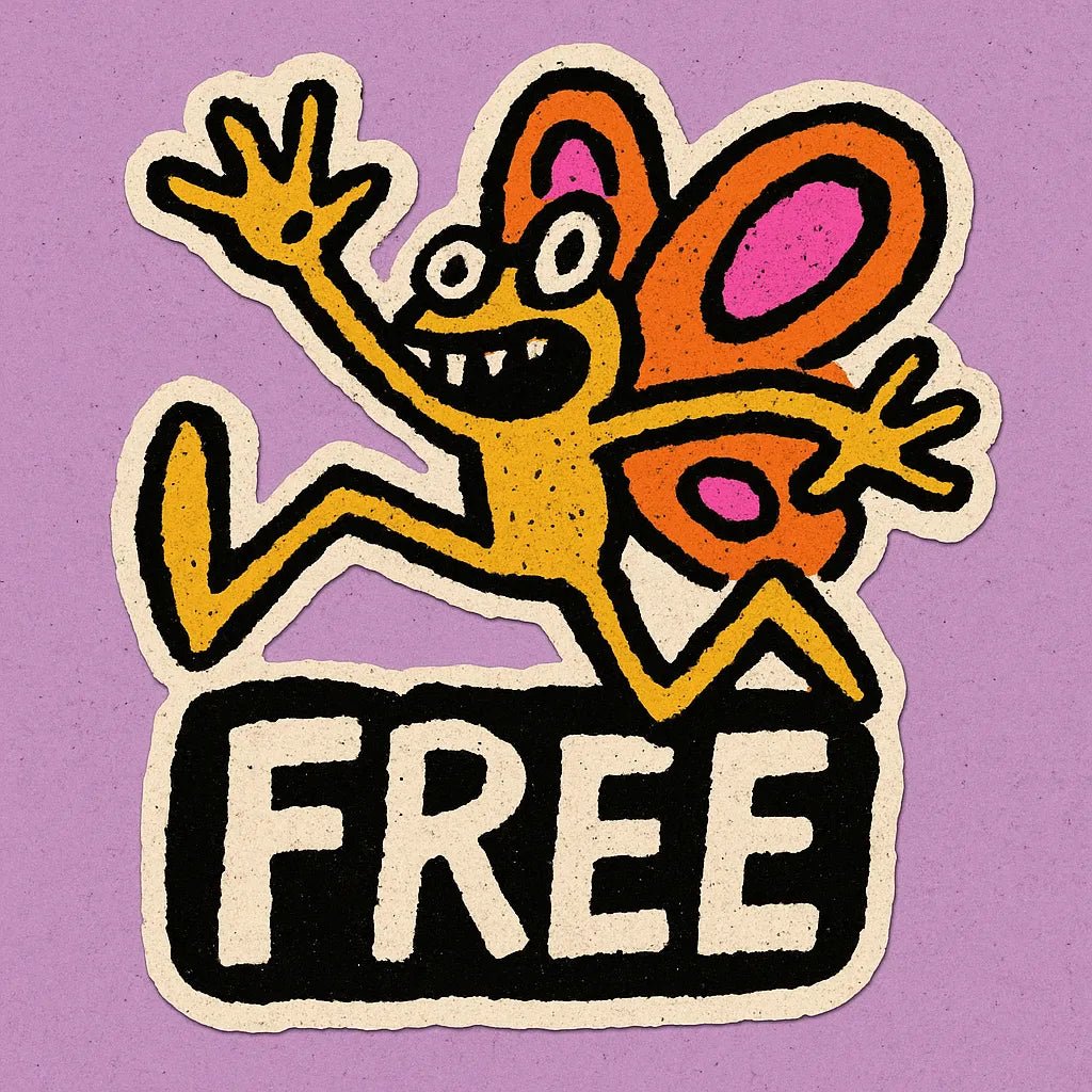 Vibrant die-cut doodle sticker on bold, flat-color squares, showing a hand-sketched character: butterfly.