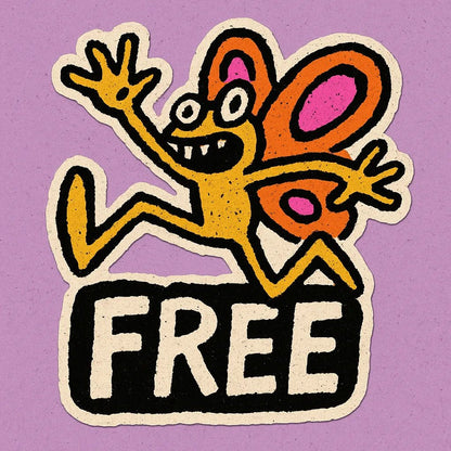 Vibrant die-cut doodle sticker on bold, flat-color squares, showing a hand-sketched character: butterfly.