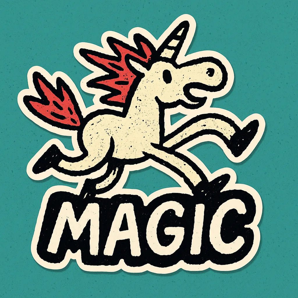 Vibrant die-cut doodle sticker on bold, flat-color squares, showing a hand-sketched character: unicorn.