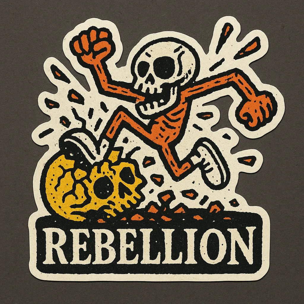 Vibrant die-cut doodle sticker on bold, flat-color squares, showing a hand-sketched character: skull.