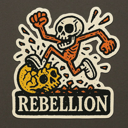 Vibrant die-cut doodle sticker on bold, flat-color squares, showing a hand-sketched character: skull.