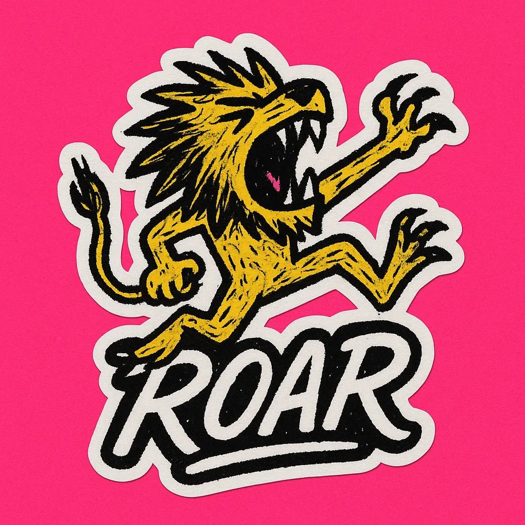 Vibrant die-cut doodle sticker on bold, flat-color squares, showing a hand-sketched character: lion.