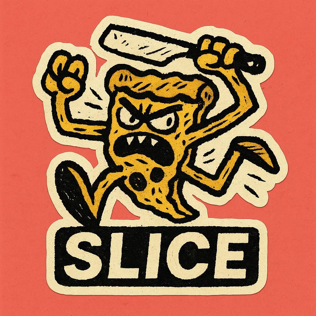 Vibrant die-cut doodle sticker on bold, flat-color squares, showing a hand-sketched character: pizza slice.