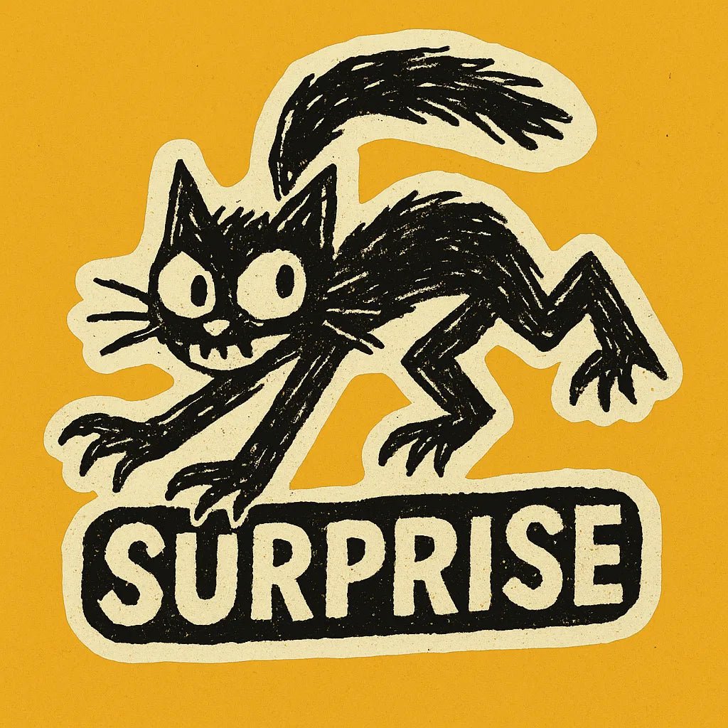 Vibrant die-cut doodle sticker on bold, flat-color squares, showing a hand-sketched character: cat.