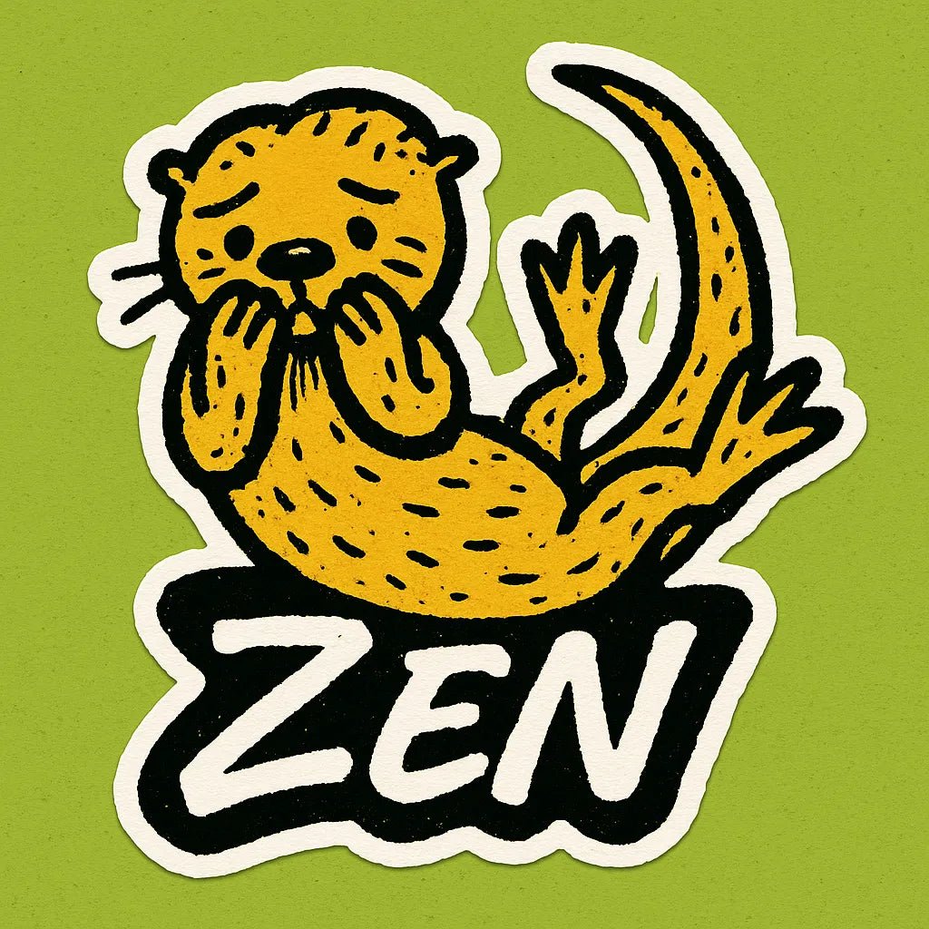 Vibrant die-cut doodle sticker on bold, flat-color squares, showing a hand-sketched character: zen.