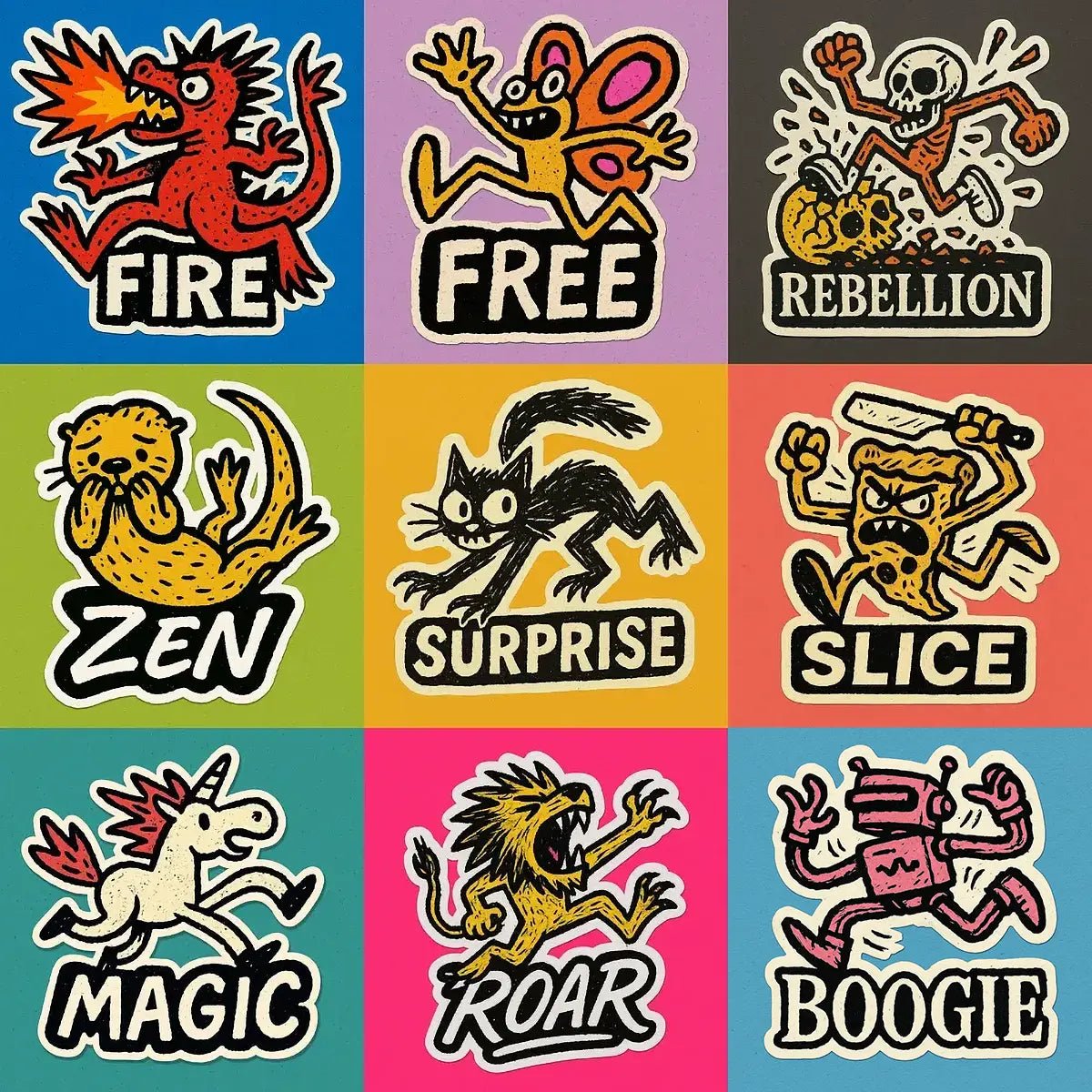 Example of a 3×3 grid of vibrant die-cut doodle stickers on bold, flat-color squares, each showing a hand-sketched character with a white label: a fire-breathing dragon labeled, a leaping butterfly, a skull kicking a pumpkin, a relaxed otter, a startled cat, an angry pizza slice, a prancing unicorn, a roaring lion, and a dancing robot.