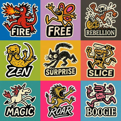 Example of a 3×3 grid of vibrant die-cut doodle stickers on bold, flat-color squares, each showing a hand-sketched character with a white label: a fire-breathing dragon labeled, a leaping butterfly, a skull kicking a pumpkin, a relaxed otter, a startled cat, an angry pizza slice, a prancing unicorn, a roaring lion, and a dancing robot.