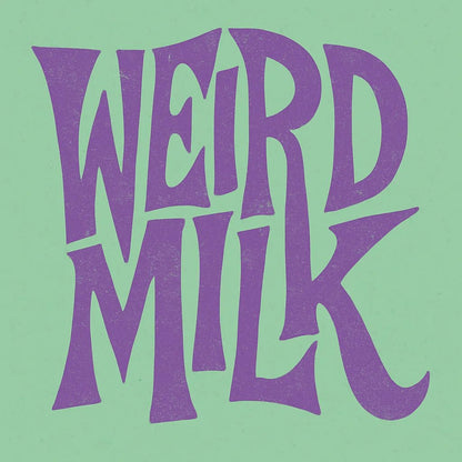Example output from the Disruptive Wordmark Logos ChatGPT prompt: rebellious wordmark logos with chaotic lettering, featuring grainy textures, custom color fills, asymmetric layout, and punk-style zine aesthetics. Weird Milk.