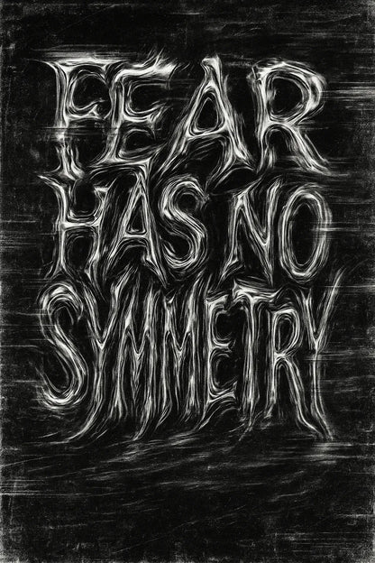 Example output from the Distorted Quote Typography Poster ChatGPT prompt: black and white portrait posters with warped chrome text, glitch effects, motion blur, and grungy textures ideal for zines, music merch, and protest visuals. Fear has no symmetry.