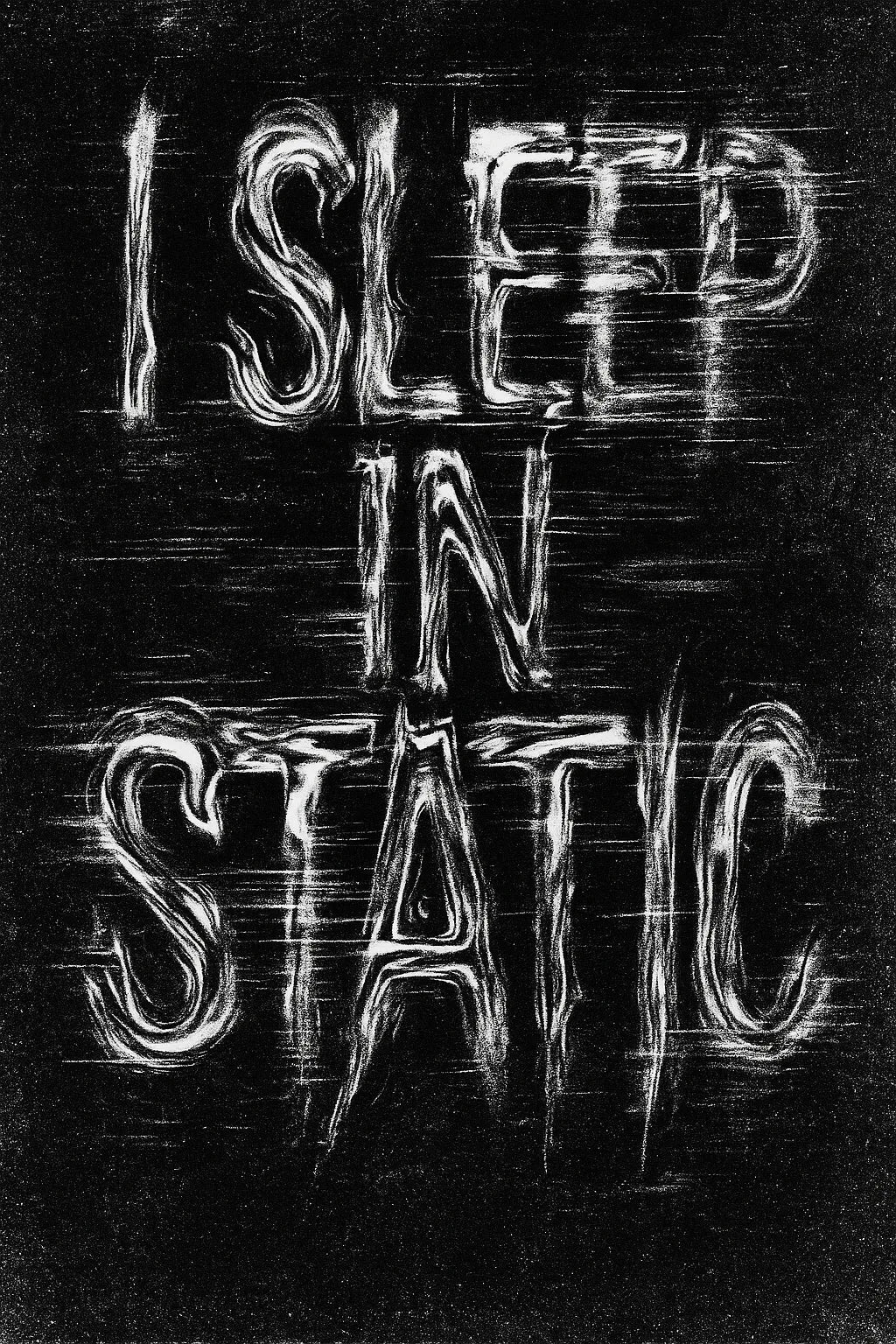 Example output from the Distorted Quote Typography Poster ChatGPT prompt: black and white portrait posters with warped chrome text, glitch effects, motion blur, and grungy textures ideal for zines, music merch, and protest visuals. I sleep in static.