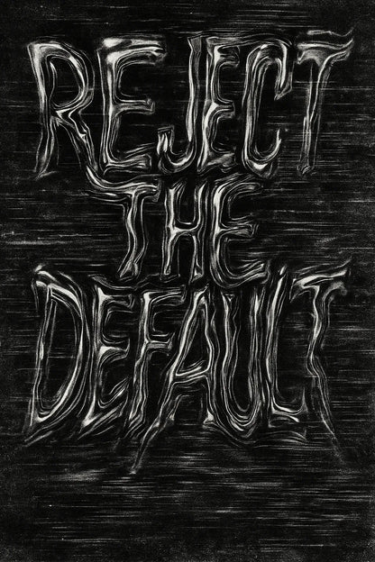 Example output from the Distorted Quote Typography Poster ChatGPT prompt: black and white portrait posters with warped chrome text, glitch effects, motion blur, and grungy textures ideal for zines, music merch, and protest visuals. Reject the default.