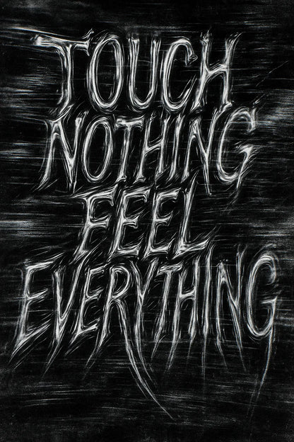 Example output from the Distorted Quote Typography Poster ChatGPT prompt: black and white portrait posters with warped chrome text, glitch effects, motion blur, and grungy textures ideal for zines, music merch, and protest visuals. Touch nothing feel everything.